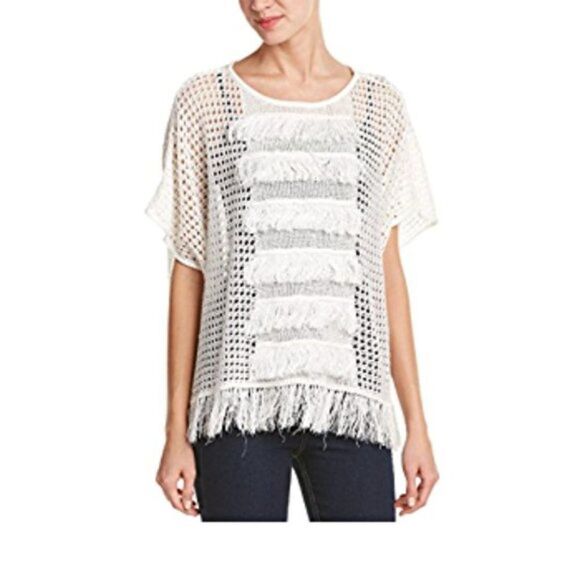 TRINA TURK Women's White Anja‎ Fringed Poncho Short Sleeve Sweater SMALL - Picture 1 of 7